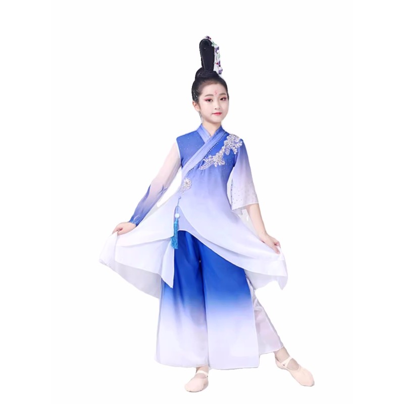 Chinese ancient folk classical traditional dance Costumes for kids girls blue fairy chinese princess hanfu yangge umbrella flowing dance clothes for kids 
